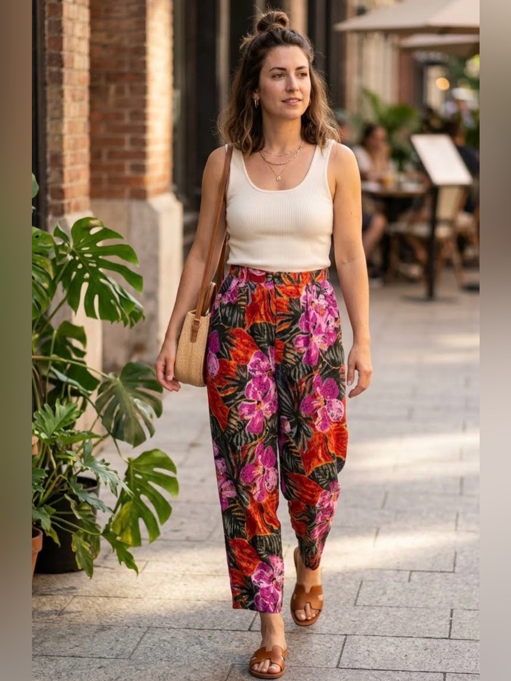 Silk Spirit Women's Tropical Print Pants - Pink & Orange Floral size M (L122)